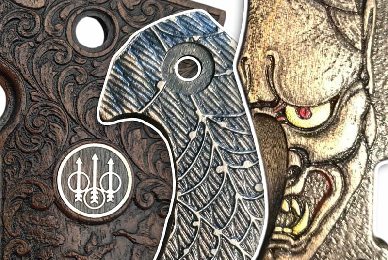 Custom styles for pistol grips and knife scales