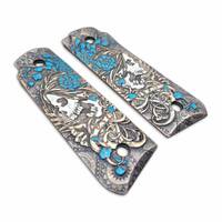 Ruger Mark IV 22/45 Maple Grips - Skull Flowers Blue / Hand-painted