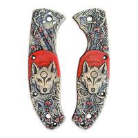 Spyderco Tenacious maple handle scales - Japanese Wolf And Sakura / hand-painted