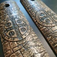 1911 Full-Size Bobtail Maple Grips - Saint Benedict Medal / Hand-painted