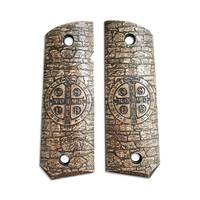1911 full-size Bobtail maple grips - Saint Benedict Medal / hand-painted