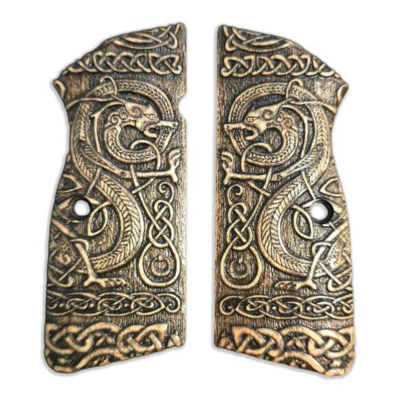 Browning Hi-Power maple grips - Celtic Gates / hand-painted