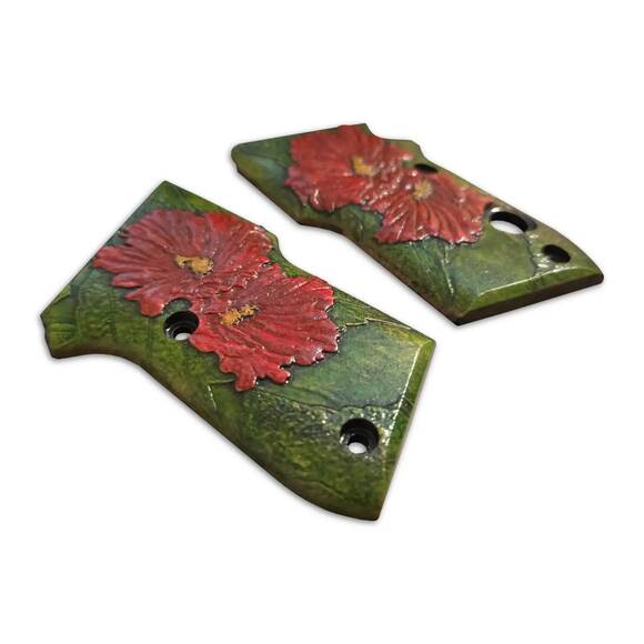 Beretta 21A Bobcat Maple Grips - Hibiscus / Hand-painted