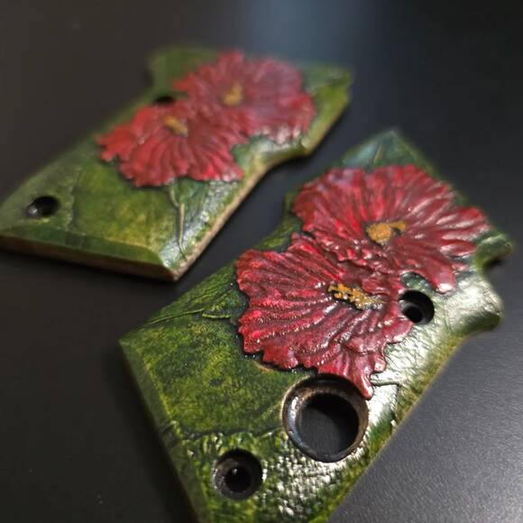 Beretta 21A Bobcat Maple Grips - Hibiscus / Hand-painted