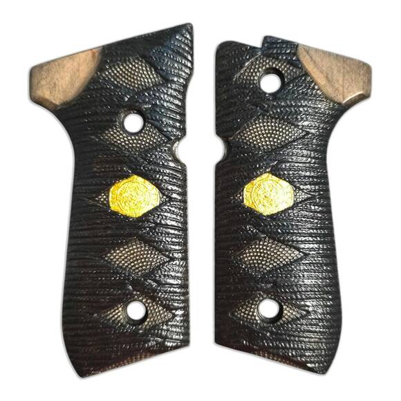Beretta 92 full-size maple grips - Katana Black Gold Coin / hand-painted