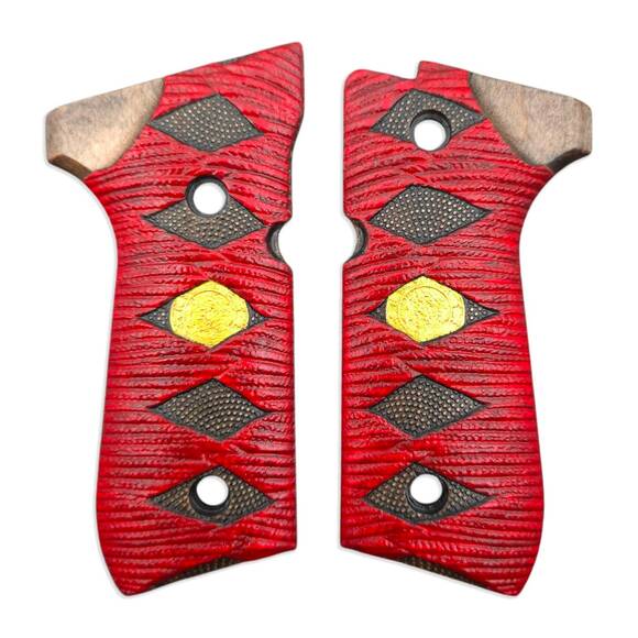Beretta 92 full-size maple grips - Katana Red Gold Coin / hand-painted