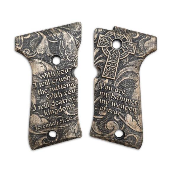 Beretta 92 compact-size maple grips - Jeremiah 51:20 / hand-painted