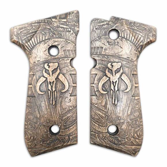 Beretta 92 full-size maple grips - Mythosaur Skull / hand-painted