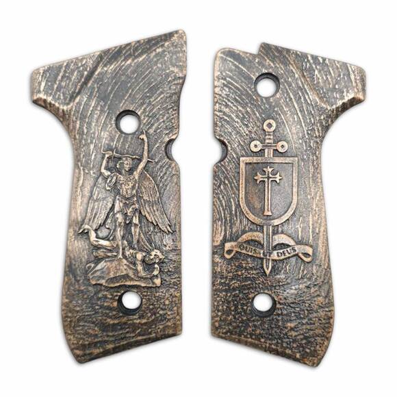 Beretta 92 full-size maple grips - Quis Ut Deus V2 / hand-painted