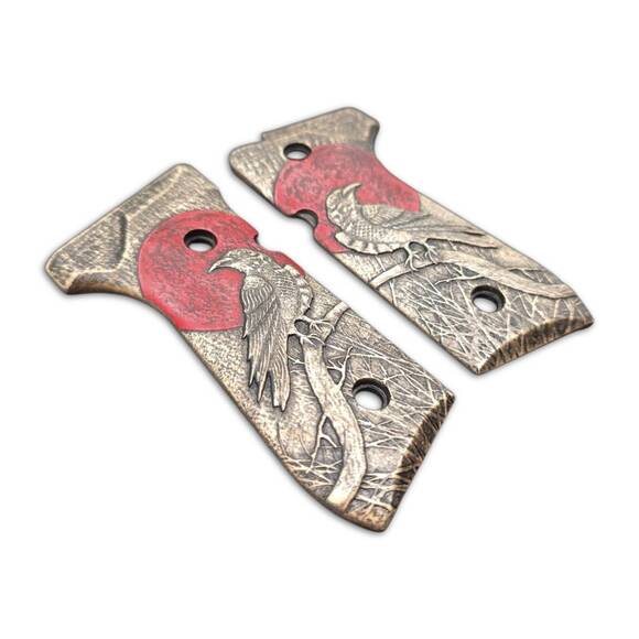 Beretta 92 Full-Size Maple Grips - Red Raven / Hand-painted