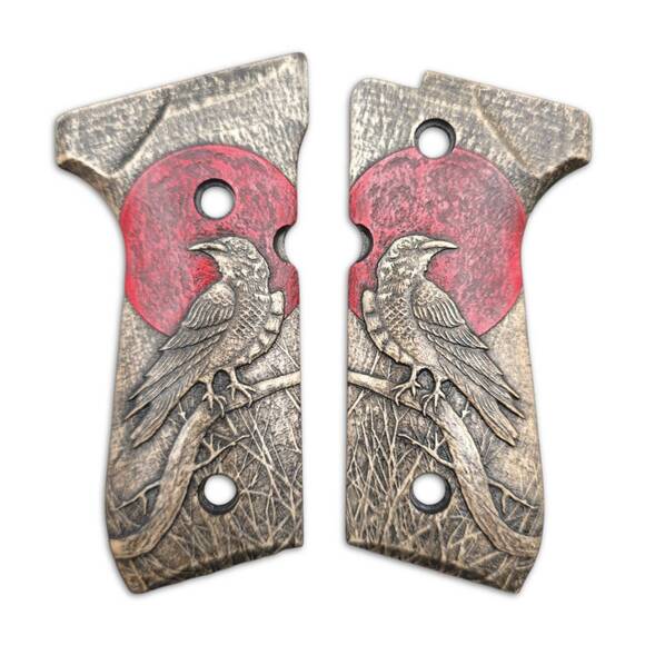 Beretta 92 full-size maple grips - Red Raven / hand-painted