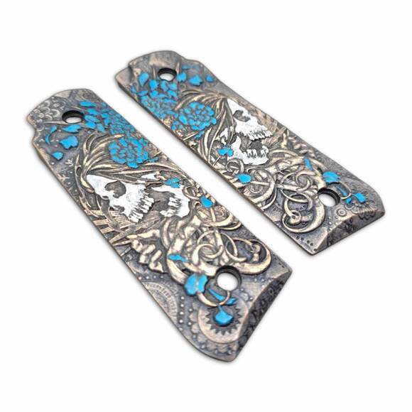 Ruger Mark IV 22/45 Maple Grips - Skull Flowers Blue / Hand-painted