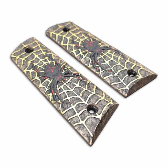 Gearhead Archery 1911 Slider maple grips - Spider X Web Black Red Gold / hand-painted