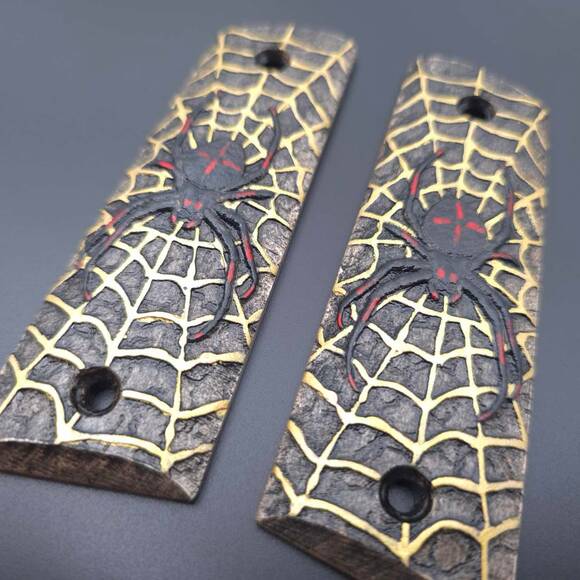 Gearhead Archery 1911 Slider maple grips - Spider X Web Black Red Gold / hand-painted