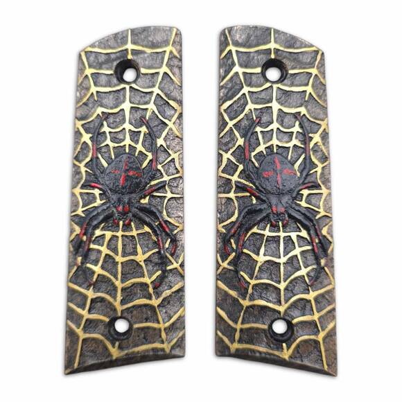Gearhead Archery 1911 Slider maple grips - Spider X Web Black Red Gold / hand-painted