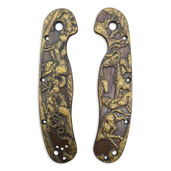 Ontario RAT 1.5 walnut handle scales - Pectus Dark Gold / hand-painted