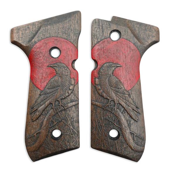 Beretta 92 full-size walnut grips - Red Raven Dark / hand-painted