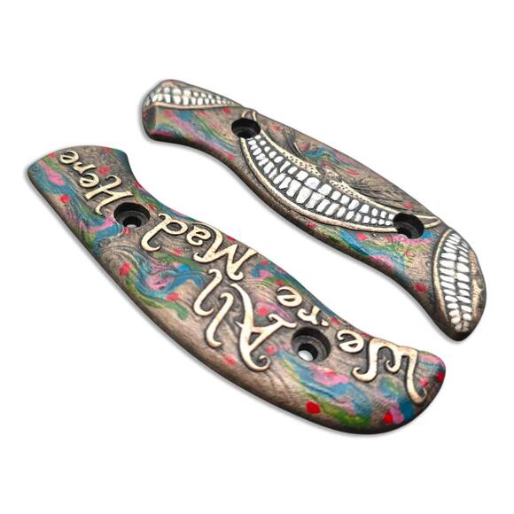 Spyderco Mule Team/2 maple handle scales - We Are All Mad Here / hand-painted