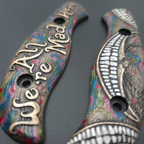 Spyderco Mule Team/2 maple handle scales - We Are All Mad Here / hand-painted
