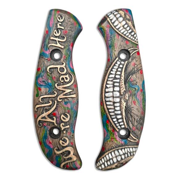 Spyderco Mule Team/2 maple handle scales - We Are All Mad Here / hand-painted