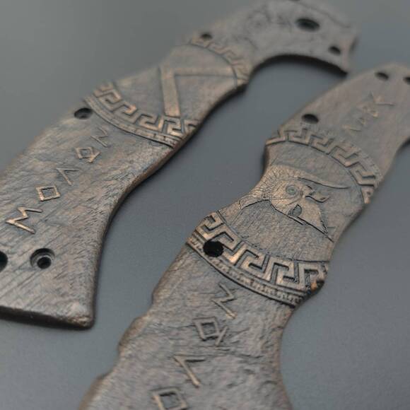 Cold Steel 4-Max Elite walnut handle scales - Molon Labe V3 Dark Bronze / hand-painted