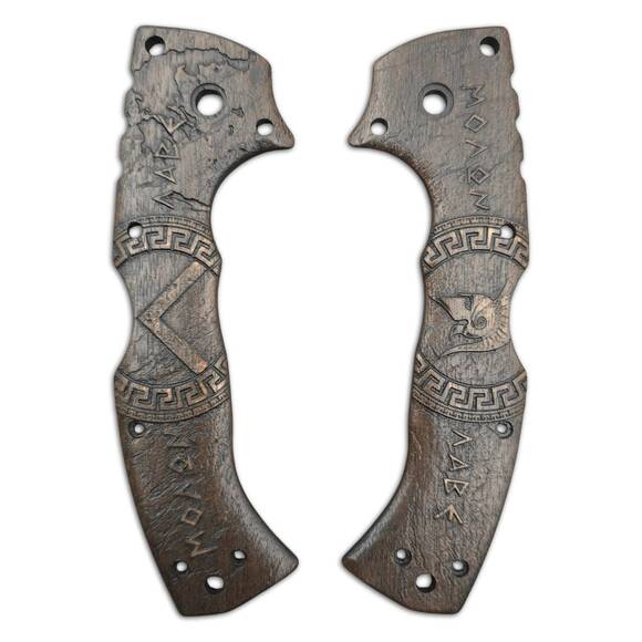 Cold Steel 4-Max Elite walnut handle scales - Molon Labe V3 Dark Bronze / hand-painted