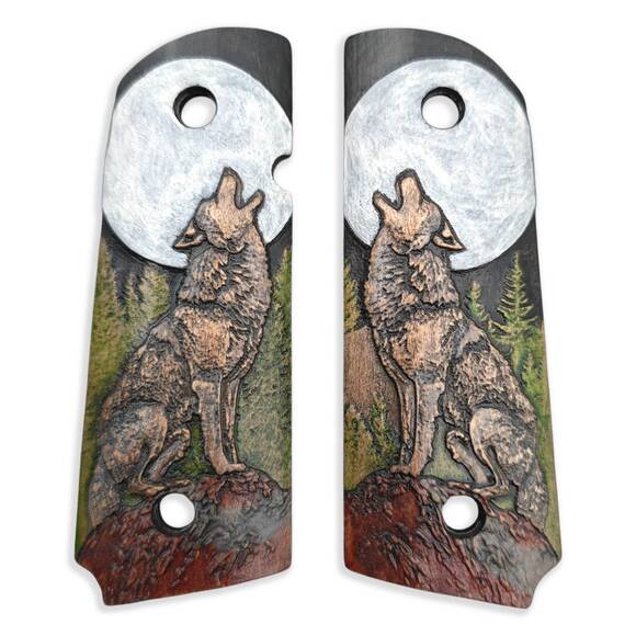 1911 compact-size Magwell maple grips - Moon Wolf / hand-painted