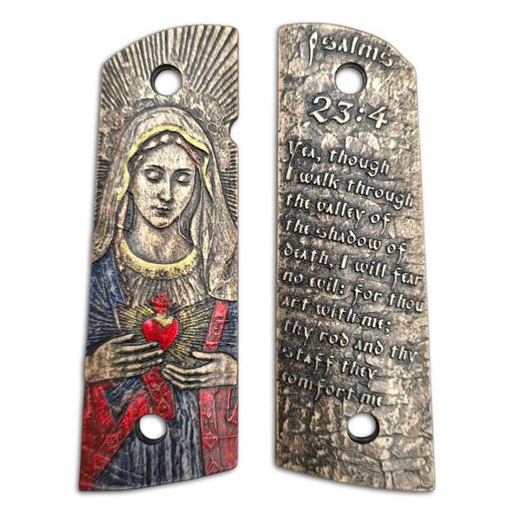 1911 full-size Magwell maple grips - Psalms 23:4 X Immaculate Heart / hand-painted