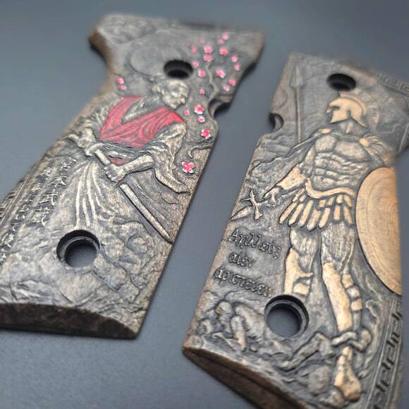 Beretta 92 full-size maple grips - Miyamoto Musashi X Achilles / hand-painted