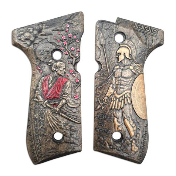 Beretta 92 full-size maple grips - Miyamoto Musashi X Achilles / hand-painted