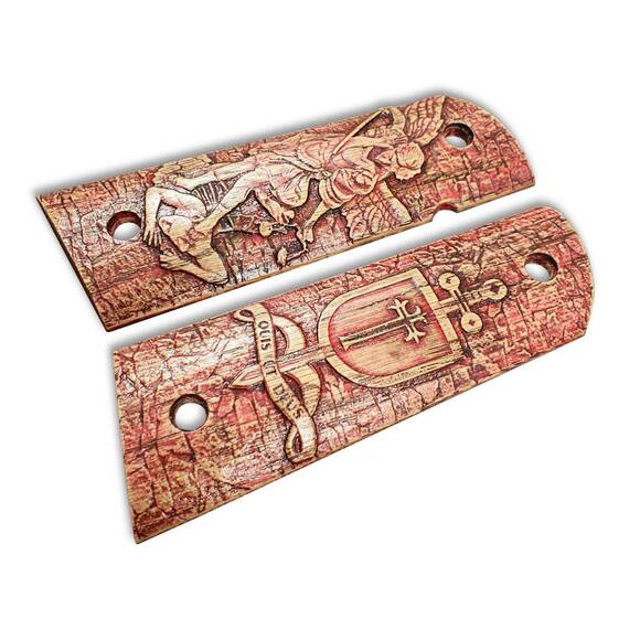 1911 Full-Size Magwell Maple Grips - Quis Ut Deus Cherry / Hand-painted
