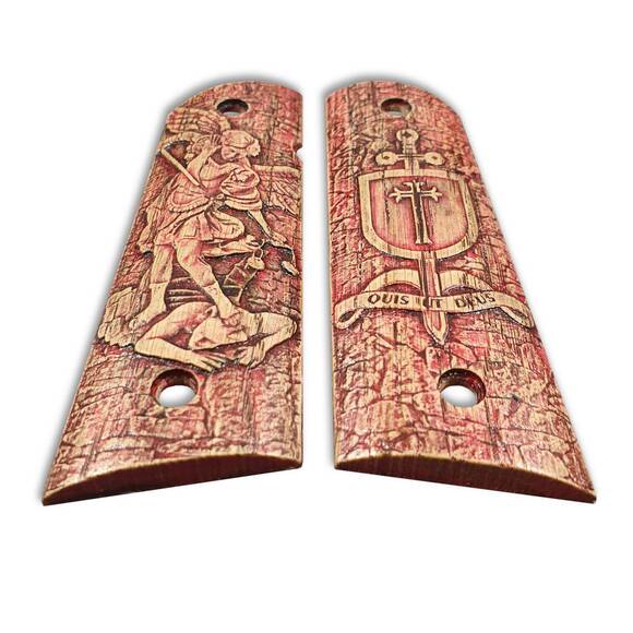 1911 Full-Size Magwell Maple Grips - Quis Ut Deus Cherry / Hand-painted