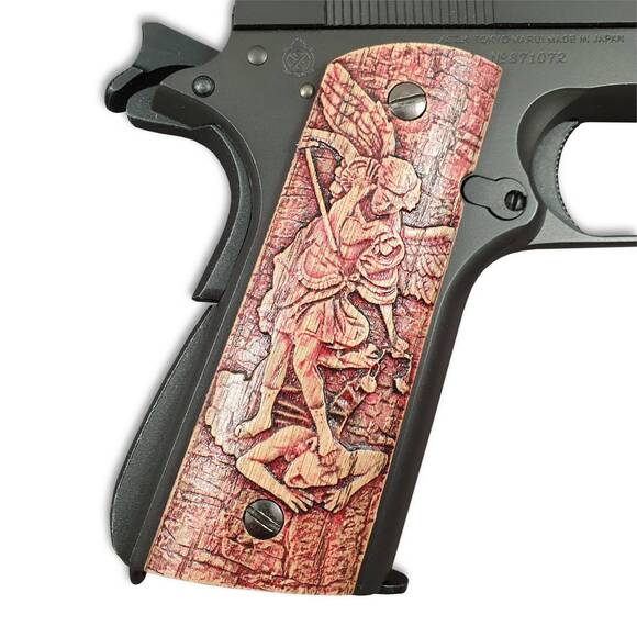 1911 Full-Size Magwell Maple Grips - Quis Ut Deus Cherry / Hand-painted