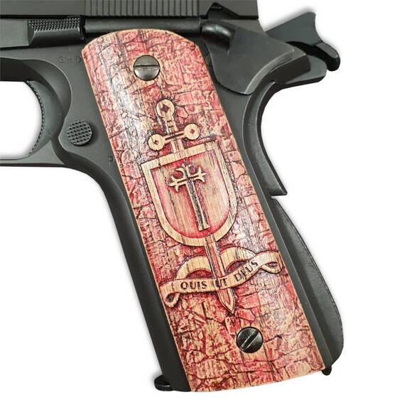 1911 Full-Size Magwell Maple Grips - Quis Ut Deus Cherry / Hand-painted