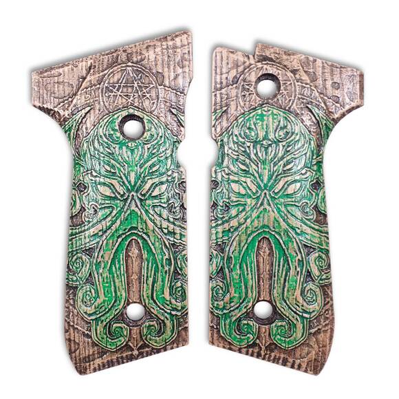 Beretta 92 full-size maple grips - Cthulhu Green / hand-painted