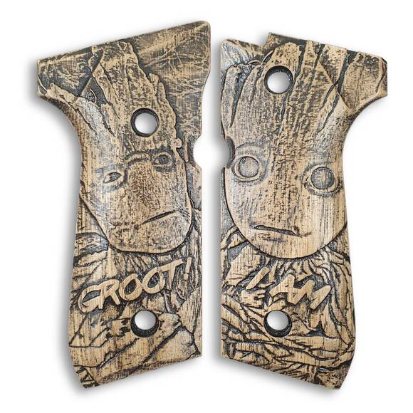 Beretta 92 full-size maple grips - I Am Groot! / hand-painted