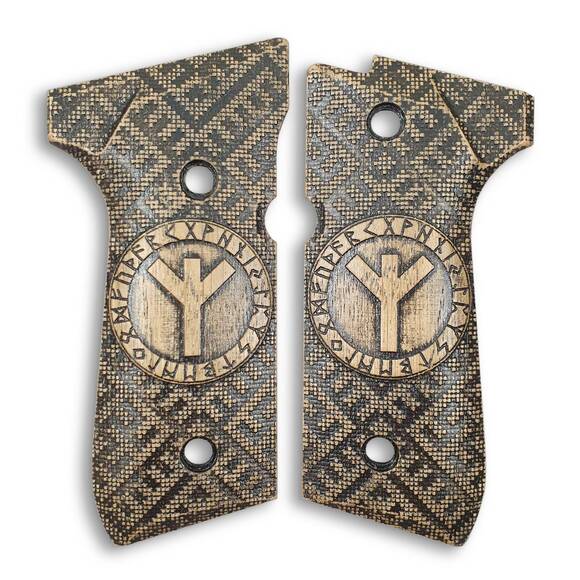 Beretta 92 full-size maple grips - Rune Algiz / hand-painted