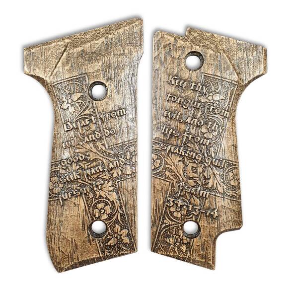 Beretta 92S maple grips - Psalm 34:13-14 / hand-painted