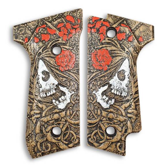 Beretta 92S maple grips - Skull Rose / hand-painted