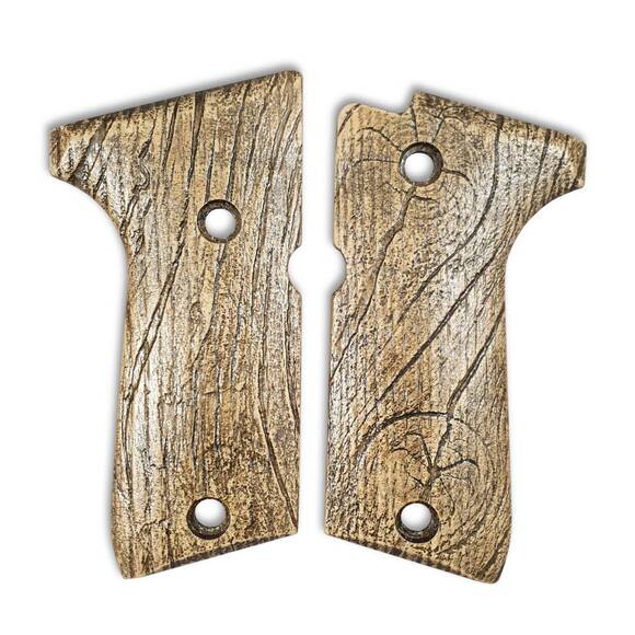 Beretta 92 compact-size maple grips - Wood Bark / hand-painted