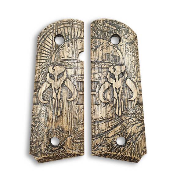 1911 compact-size Officers maple grips - Mythosaur Skull / hand-painted