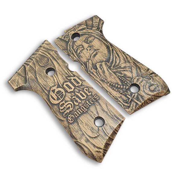 Beretta 92 Full-Size Maple Grips - God Save Gangsters / Hand-painted