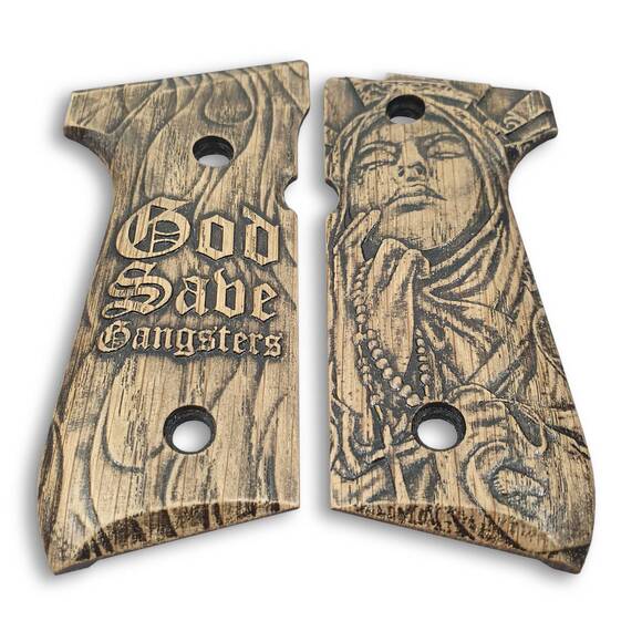 Beretta 92 Full-Size Maple Grips - God Save Gangsters / Hand-painted