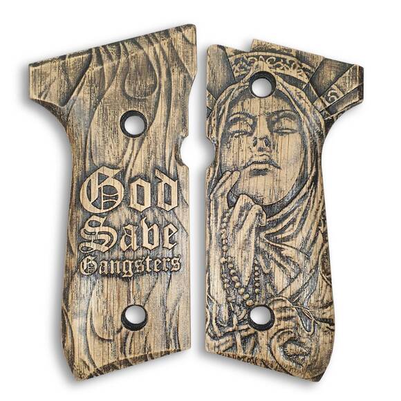 Beretta 92 full-size maple grips - God Save Gangsters / hand-painted