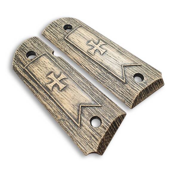 1911 Compact-Size Officers Maple Grips - Templar Cross / Hand-painted