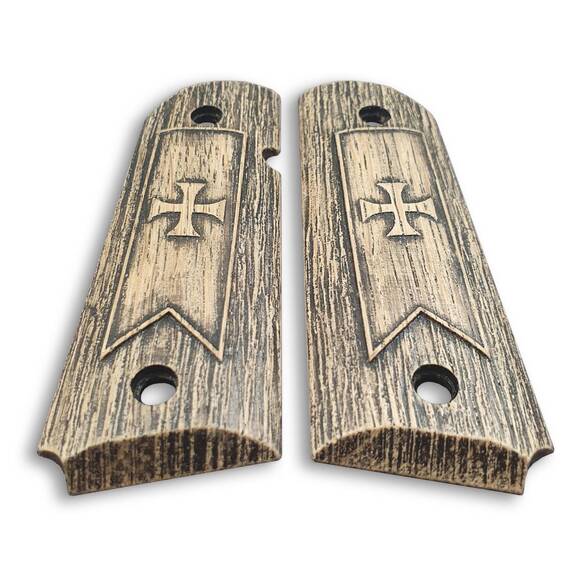1911 Compact-Size Officers Maple Grips - Templar Cross / Hand-painted