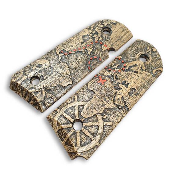 1911 Compact-Size Officers Maple Grips - Treasure Map / Hand-painted