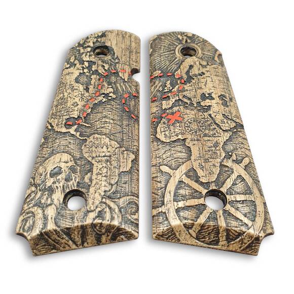 1911 Compact-Size Officers Maple Grips - Treasure Map / Hand-painted