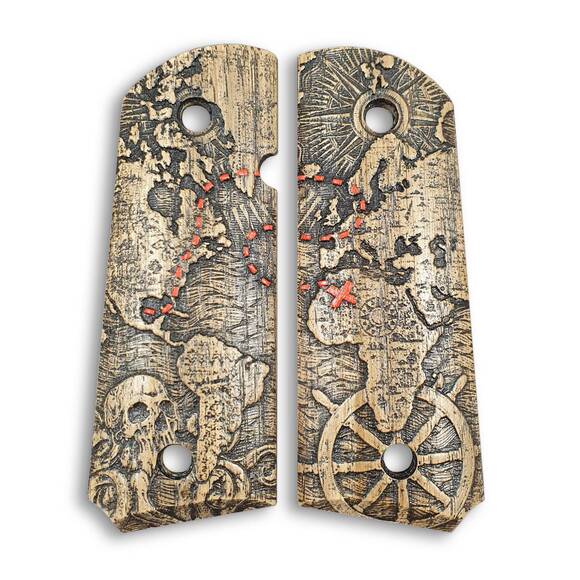 1911 compact-size Officers maple grips - Treasure Map / hand-painted