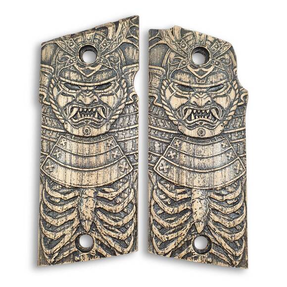 Coonan 357 Magnum compact-size maple grips - Demon Samurai / hand-painted